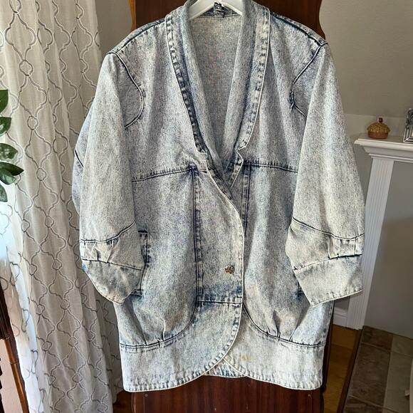 Vintage Acid Wash Blue Denim Jacket Long Oversized By Venus Clothing Large - Picture 1 of 9